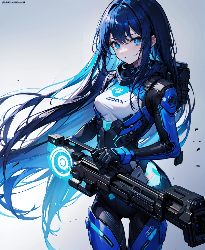 no background，girl，carry a firearm，Enamel-like tight suit，use of firearms，dark blue long hair，attention arousal，blue colored eyes,no gradation