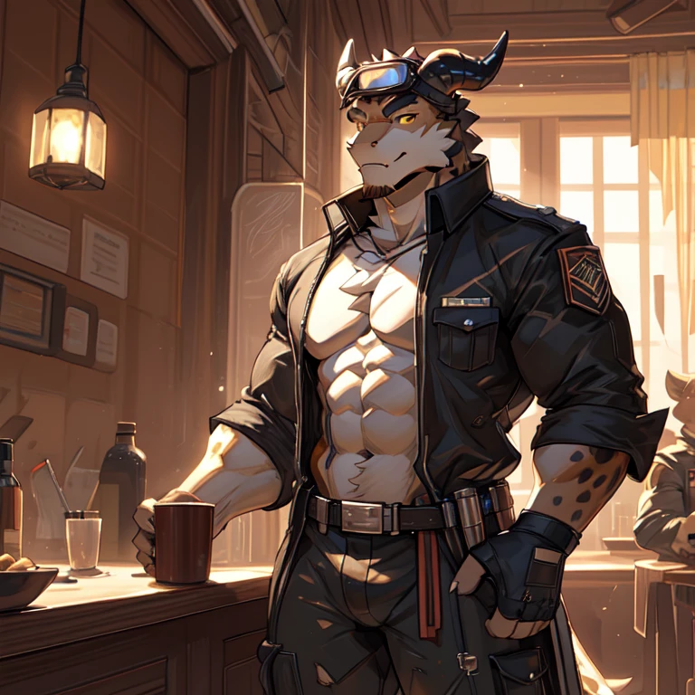 Tall_lanky_muscular_deathclaw male dark_beige_scaled_body spotted_scales yellow_eyes solo Masterpiece best_quality absurdres highly_detailed cleanly_drawn_eyes anthro_only by_claweddrip, by_greasymojo, by_underscore-b, by_runawaystride ripped_cargo_pants ripped_leather_duster fingerless_gloves goggles destroyed_building heavy_dust_storm leaning_on_bar