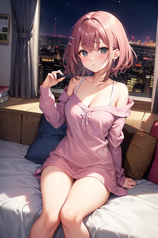 a 20 year old girl in bed wearing an pink bra and pink panties with cute short brown hair there a window are the back and there a city and its night (cute brown hair) (feels sexy)