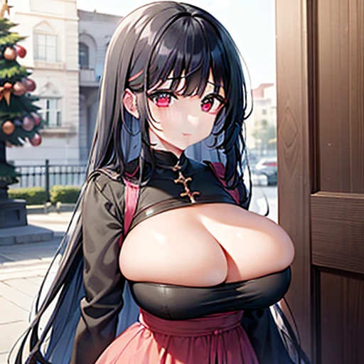 masterpiece, one girl with black hair, black hair (pink streaks in hair),, bursting breasts, very good quality, correct amount of fingers, random expression, random background, outdoors, winter, indoors, christmas theme, anime girl, kawaii, rosy cheeks, random posture, pink eyes, full body in frame, hourglass figure,