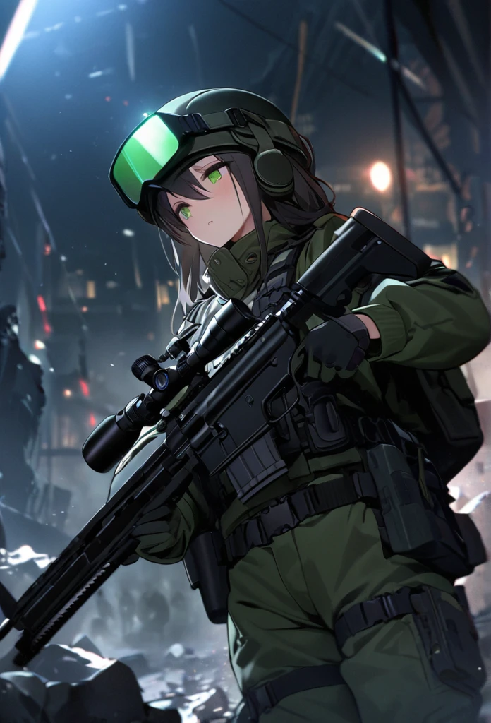 High quality, high definition images, full HD、8k.1 girl Short chestnut hair wearing US combat uniform Wear a helmet deeply, holding a rifle、Midnight city area, wearing a night scope,binocular night scope, pitch black The light of the night scope is green,,(shooting a gun from the rubble),((Lower the night scope to your eyes,))