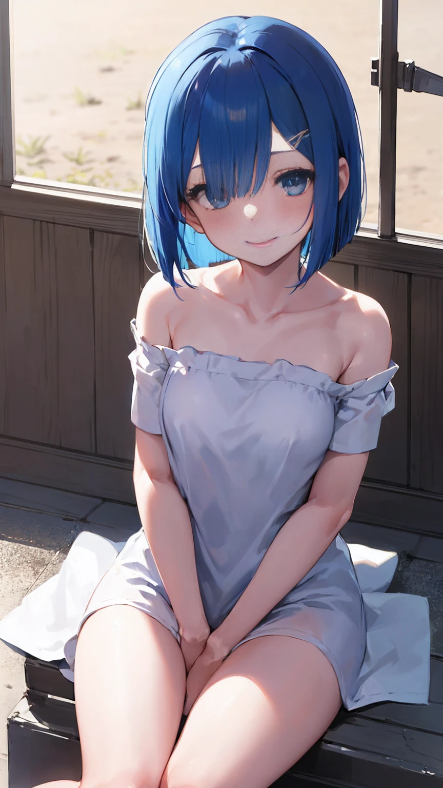 blue hair, Alsom \(Also:zero\), [smile], blush,  masterpiece, highest quality, perfect lighting, 1 girl, bob cut，bob hair，hair above one eye、Completely naked、open your legs、sitting on the ground、raise your knees、Emphasis on inner thighs