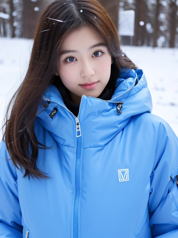 ultra realistic, 16K UHD photo of a 20-year-old Japanese girl, wearing a glossy polyamide light blue puffer down jacket (jacket has shiny surface), high collar fully zipped up, in a winter snowstorm, snow everywhere, heavy snow falling, ice crystals on jacket, misty, soft diffused lighting, highest quality, masterpiece, perfect figure, big eyes, natural scenery in background