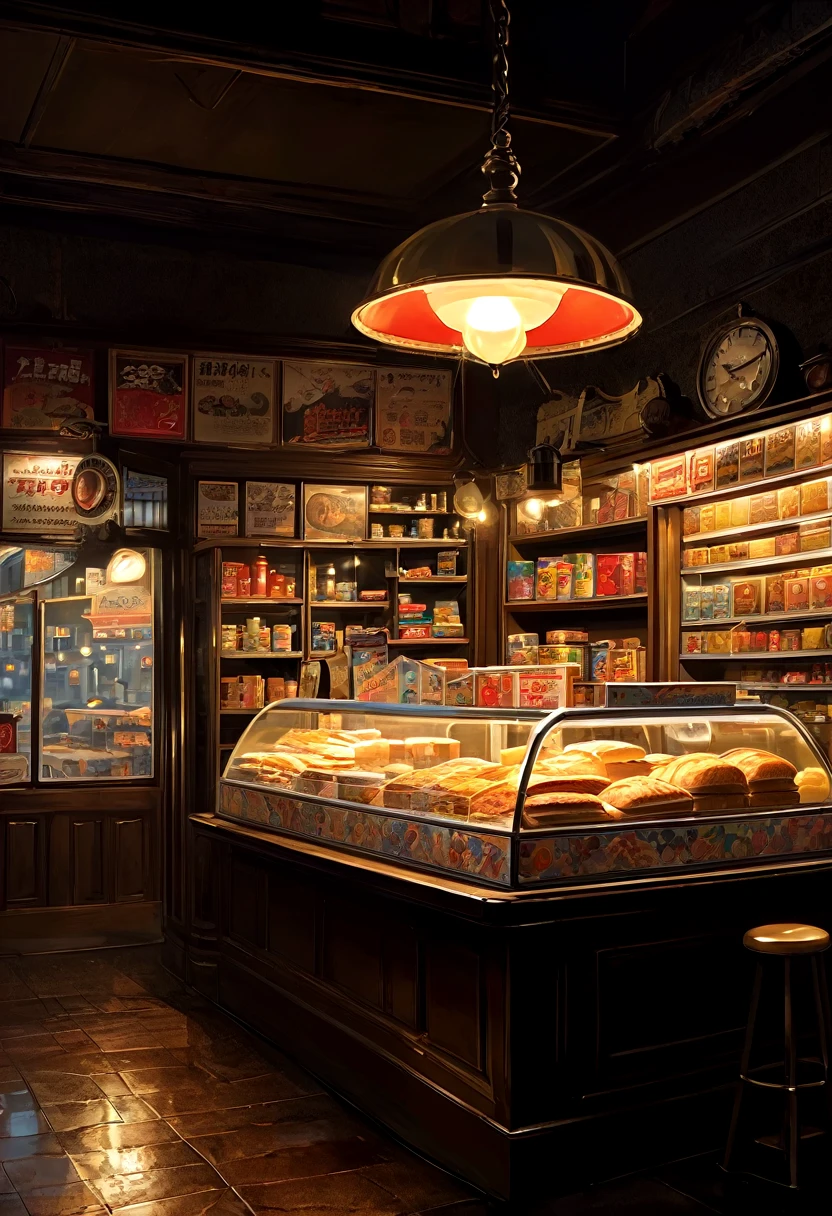 The surroundings are dark, the lights are very dim, and the surroundings are even darker. The surroundings are dark, dreamy lights, dim lighting, art, a big old retro clock, and the sound of the pendulum. The sound of the pendulum can often be heard in convenience stores at midnight.,Every move attracts attention,Makes the whole scene more mysterious。 Old fashioned decor and snacks on the cabinet counter at midnight convenience store,There are usually a variety of snacks on the counter.,Such as bread、Desserts, etc.,They look tempting, As if silently telling a story about midnight。Intricate and detailed, paint by numbers, Art station illustration, Artworks Official Artworks, top quality, best quality