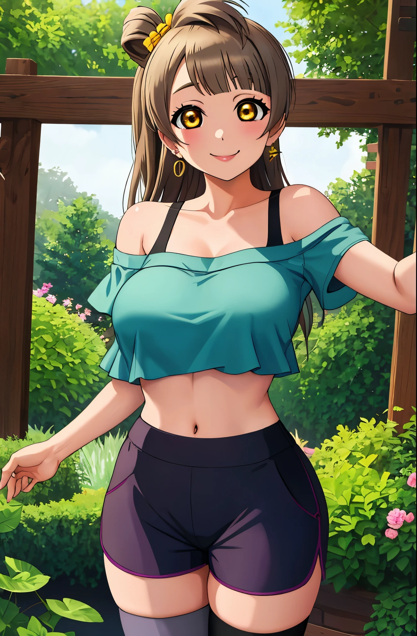 Masterpiece, best quality,solo, (detailed face), minami kotori, curvy body, sexy smile ,(yoga shorts:1.2),earrings, off shoulder crop top,in garden, cowboy shot, thighs, thighhighs