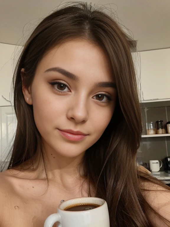 Photo d'une femme brune de 20 ans, qui a un visage très naturel, thin lips, yeux fins, Sourcils fins, nez fin, des boucles d'oreilles, long cils. She makes a joli selfie with a cup of coffee