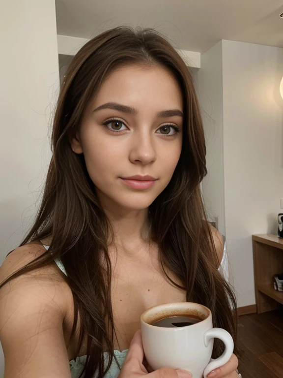 Photo d&#39;une femme brune de 20 ans, qui a un visage très naturel,  thin lips, yeux fins, Sourcils fins, nez fin, des boucles d&#39;oreilles, long cils. She makes a joli selfie with a cup of coffee