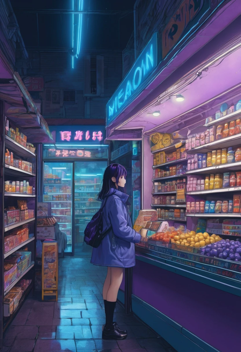 1girl, midnight convenience store, aesthetic, vibrant city lights, dimly lit shelves full of snacks and drinks, a cashier with tired eyes, fluorescent lighting casting a soft glow, late-night customers browsing the aisles, flickering neon signs outside the store, a sense of mystery and solitude, a hazy atmosphere with a touch of nostalgia, cinematic and atmospheric, high-res details capturing the smallest nuances, a combination of realism and dream-like quality, urban aesthetic blending with a hint of surrealism, cool blue and purple tones, soft shadows and subtle highlights, an ambiance that evokes a sense of tranquility and possibility in the midst of the night.