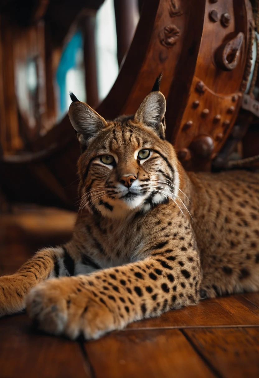Bobcat, laying on wooden floor, on a pirate ship Captain quarters.