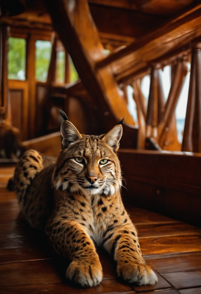 Bobcat, laying on wooden floor, on a pirate ship Captain quarters.