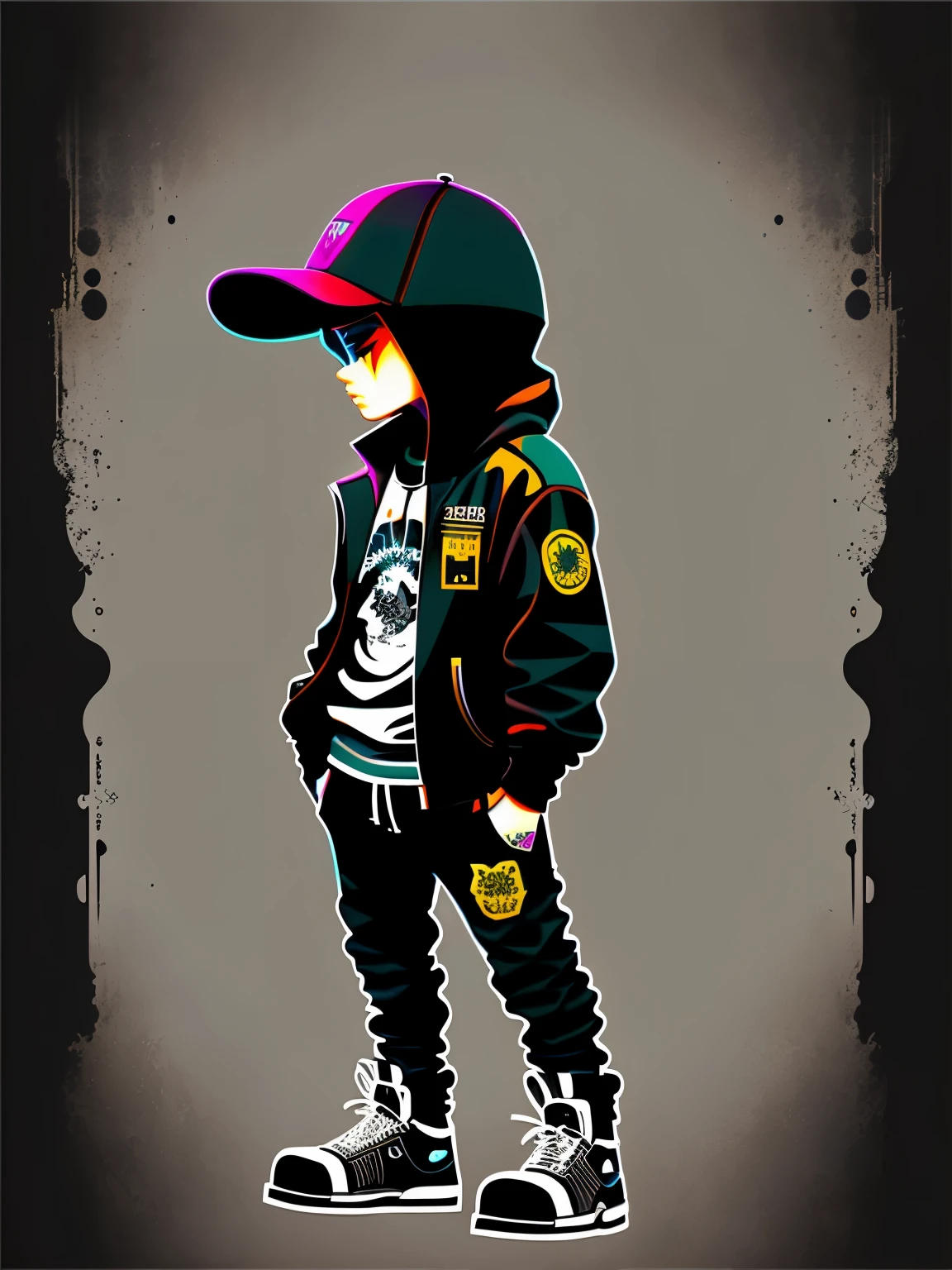 cartoon vector image of standing dolphin, trend behind the black wall of art, wearing punk clothes, very realistic detailed rendering, sicupy gang member, urban style, intimidating pose, dolphin planet, fashion clothing, urban samurai, meow, western slavic traits , 8 1 5