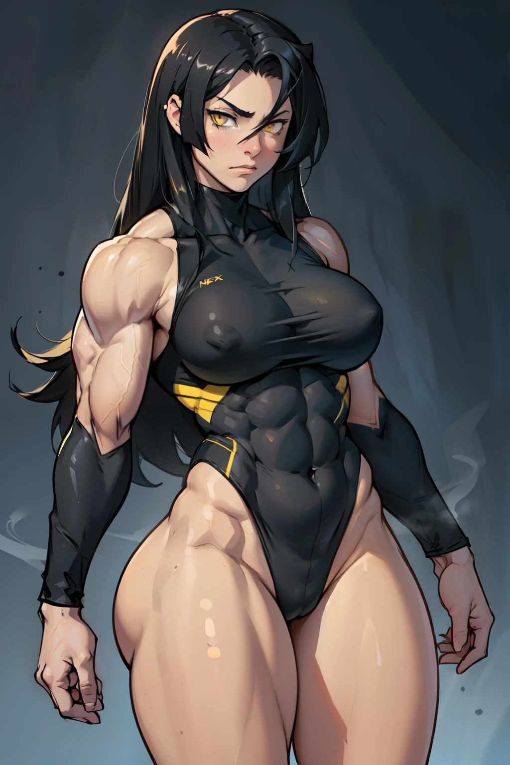 ((((((girl)))))) (((((muscular))))) (((toned body large breasts thick thighs))) ((skintight)) very long hair black hair yellow eyes pale skin sad expressionless