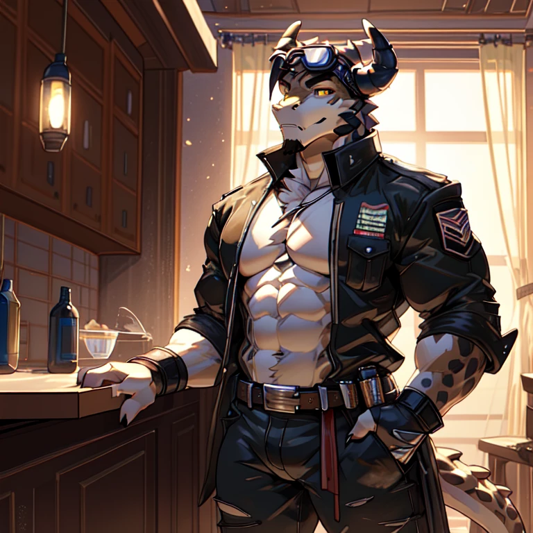 Tall_lanky_muscular_deathclaw male dark_beige_scaled_body spotted_scales yellow_eyes solo Masterpiece best_quality absurdres highly_detailed cleanly_drawn_eyes anthro_only by_claweddrip, by_greasymojo, by_underscore-b, by_runawaystride ripped_cargo_pants ripped_leather_duster fingerless_gloves goggles destroyed_building heavy_dust_storm leaning_on_bar