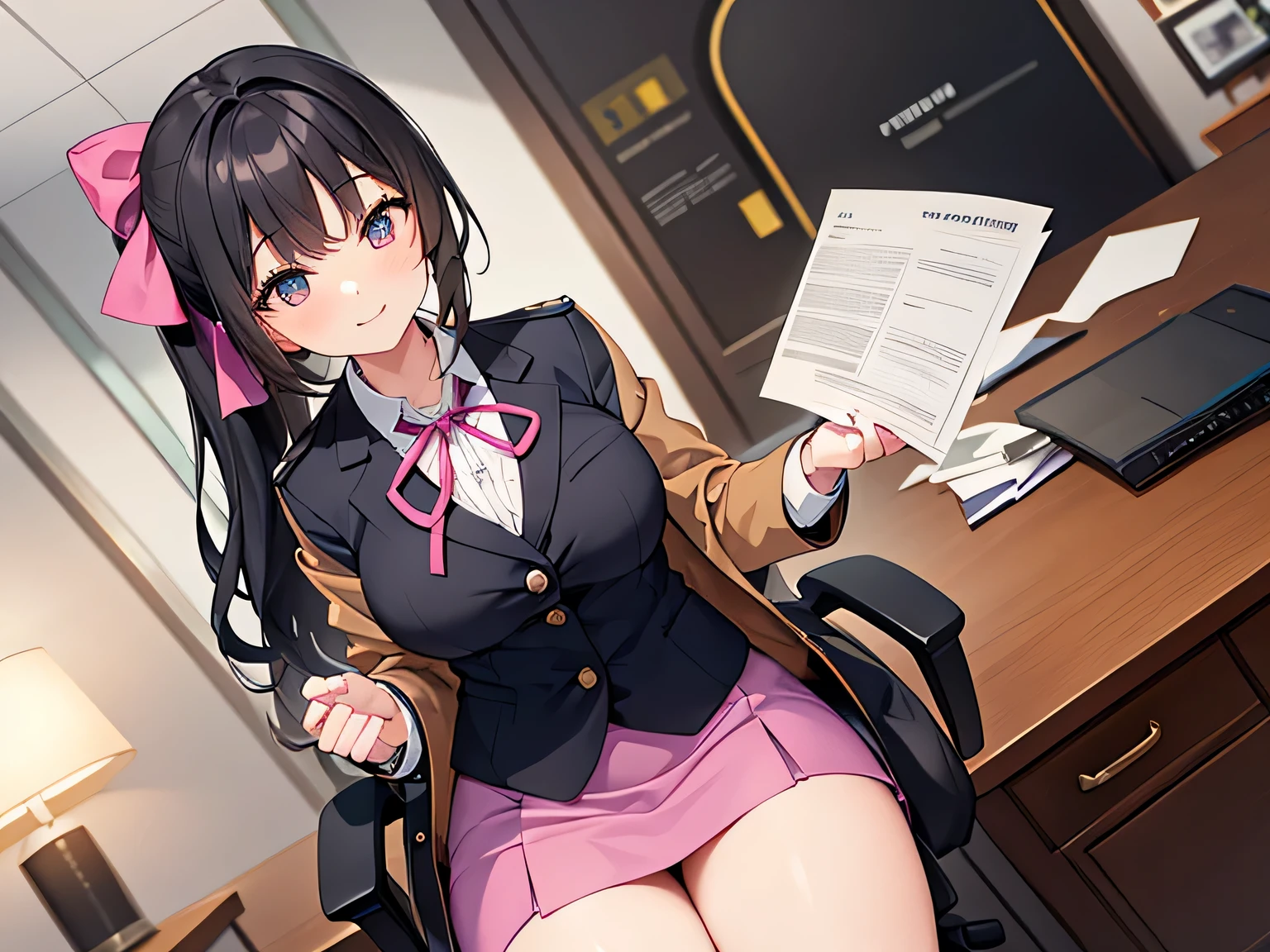 (Masterpiece, top quality, high resolution, realistic photo, realistic looking skin:1.1),
(The woman is a receptionist at the museum's general reception center:1.5),
(She is working as a receptionist in an office chair in the reception center:1.8),
(She has a smiling expression:1.5),
(She is wearing a pink tailored jacket and mini skirt set-up:1.8),
(She is wearing a shirt and jacket with all the buttons fastened and a ribbon tied around her neck like a receptionist:1.8),
(She is wearing black, high-heeled pumps: 1.5),
(black hair in a medium ponytail:1.5),
(Located in an office chair in the general reception center of the museum:1.5),
1 Japanese girl, solo, full bodied esbian, beautiful eyes, glowing eyes, glowing thighs, NSFW