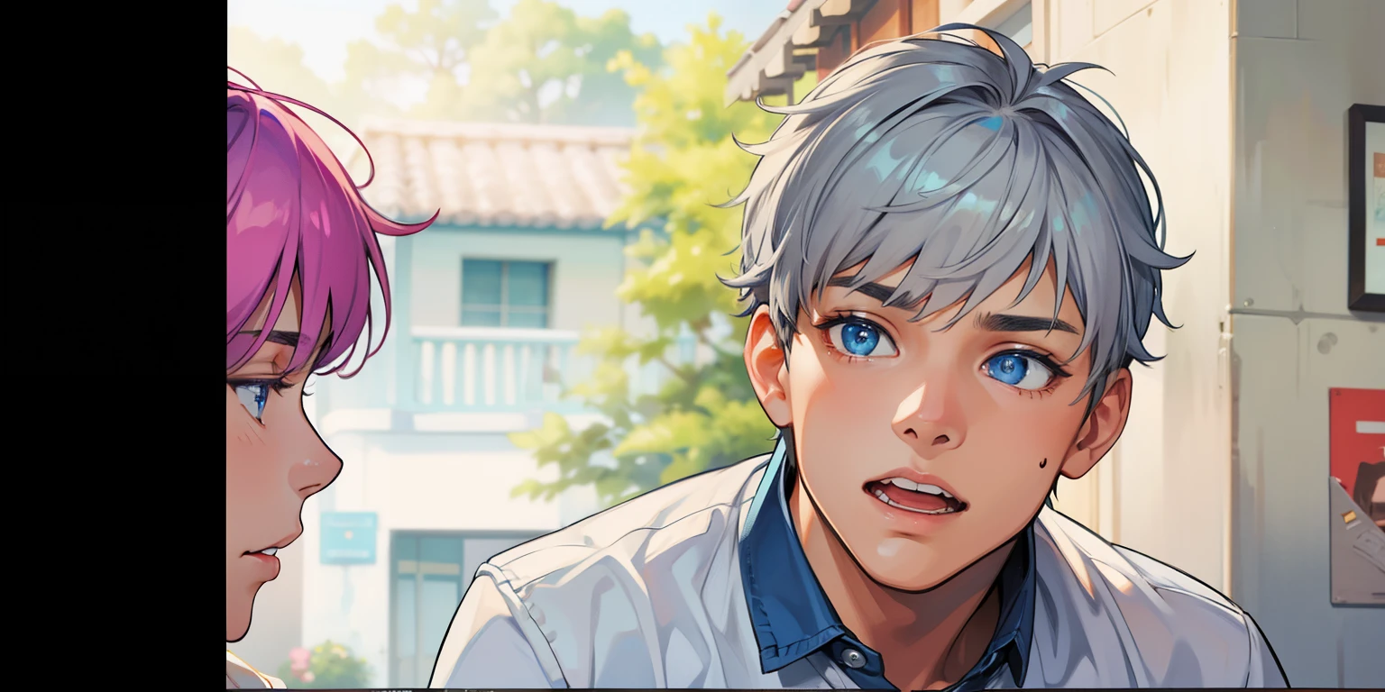 Choco, cute 16 year old, gray hair, blue eyes, is talking, bewildered with doubts.