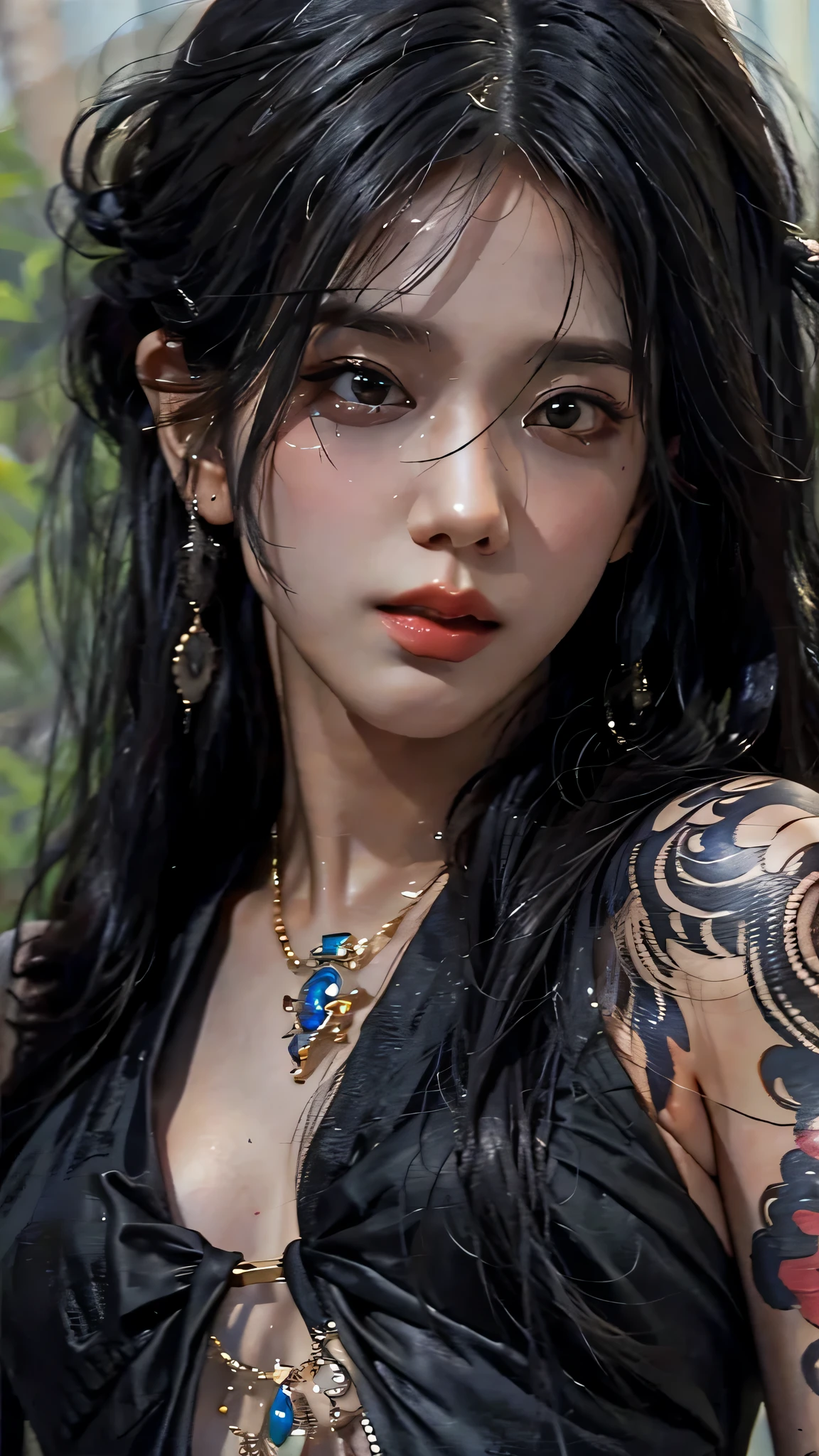 photorealistic, high resolution, soft light,1women, solo, hips up, (detailed face), jewelry, tattoo,black dress mafia clothing, black hair, super long hair, looking viewers, tatto, messy hair, close up, small breast, adult