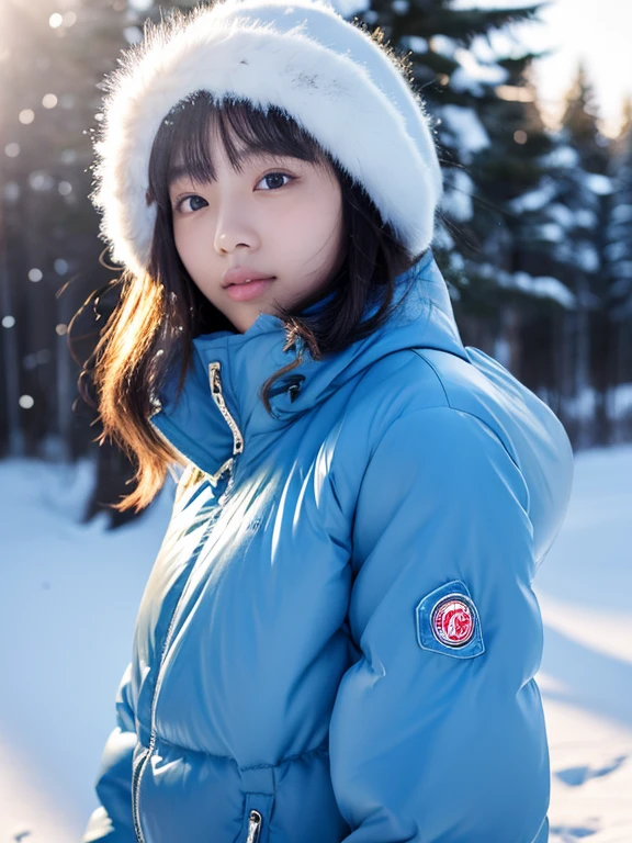 ultra realistic, 16K UHD photo of a 20-year-old Japanese girl, wearing a glossy Moncler Bady light blue puffer down jacket (jacket has shiny finish), high collar fully zipped up, in a winter snowstorm, snow everywhere, heavy snow falling, ice crystals on jacket, misty, soft diffused lighting, cold tones, highest quality, masterpiece, perfect figure, big eyes, natural scenery in background