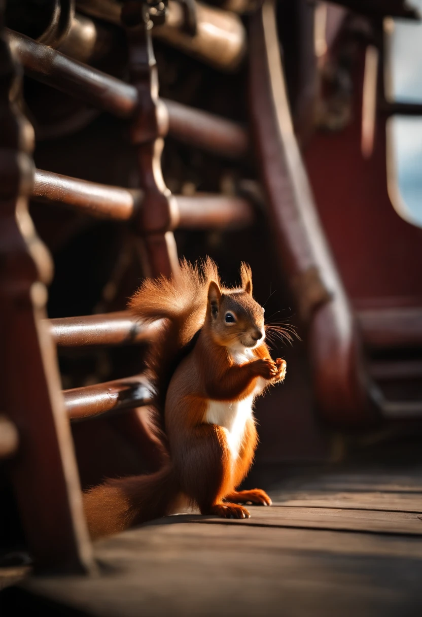 Red squirrel, walking on pirate ship floor, at the Captain quarters.
