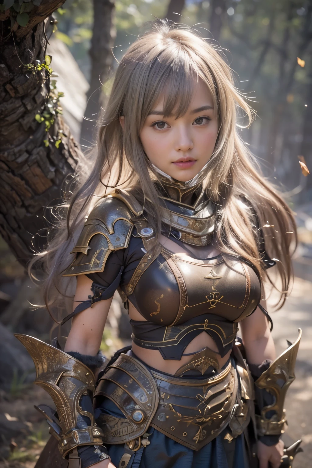 (masterpiece, best quality:1.2), (8k uhd, 16k, 32k, ultra high res), (photorealistic:1.37), (RAW photo), ultimate-realistic, ultimate-realistic details, ultimate-realistic texture, ultimate-intricate details, ultimate-realistic lighting, ultimate-realistic shadow, japanese girl, ultimate-cute face, ultimate-RAW skin, ultimate-realistic eyes, full body, wide shot, ogre girl, heavy armor, club, (tanned skin:1.2), fangs, in cave