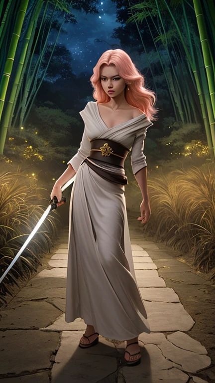 Melhor qualidade, obra de arte, 1 , (18 anos de idade:1.2) Bonita e linda cabelos longos e rosa , olhos amarelos , luz da lua, corpo requintado, dramatic lighting, Uma samurai ninja espadachim, she uses two swords, one in each hand, background is a bamboo forest at night and it remains night, cabelos longos rosa,olhos amarelos, ela usa roupas vermelho e roxa, decote, roupas curtas, peitos medios, roupas coladas no corpo, ela faz pose de heroi olhando pra frente,angulo dinamico,efeitos de luz azuis nas espadas, sensual,provocante.stones and dry branches on the ground, garota bonita sensual