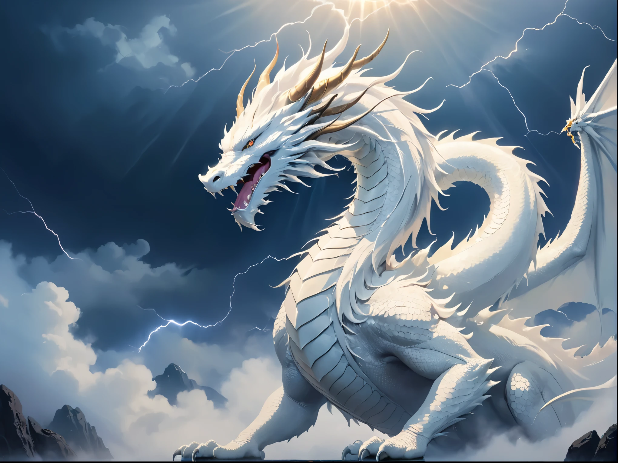 (masterpiece, highest quality, thunder:1.2), (Asian White Dragon:1.3), null, beautiful, (fog, foggy:1.5), (night, dark, No light: 1.7), (darkness, Shadow:1.7), cloud, clean, Chelifountain Peaks, minimalism:1.4), ultra clean, Super detailedな, Studio Ghibli, wallpaper, clean, warm tones, god&#39;s rays, anime style, cinematic lighting, bloom, ray tracing, reflected light, masterpiece, Super detailed, High resolution, highest quality