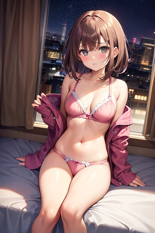 a 20 year old girl in bed wearing an pink bra and pink panties with cute short brown hair there a window are the back and there a city and its night (cute brown hair) (feels sexy)