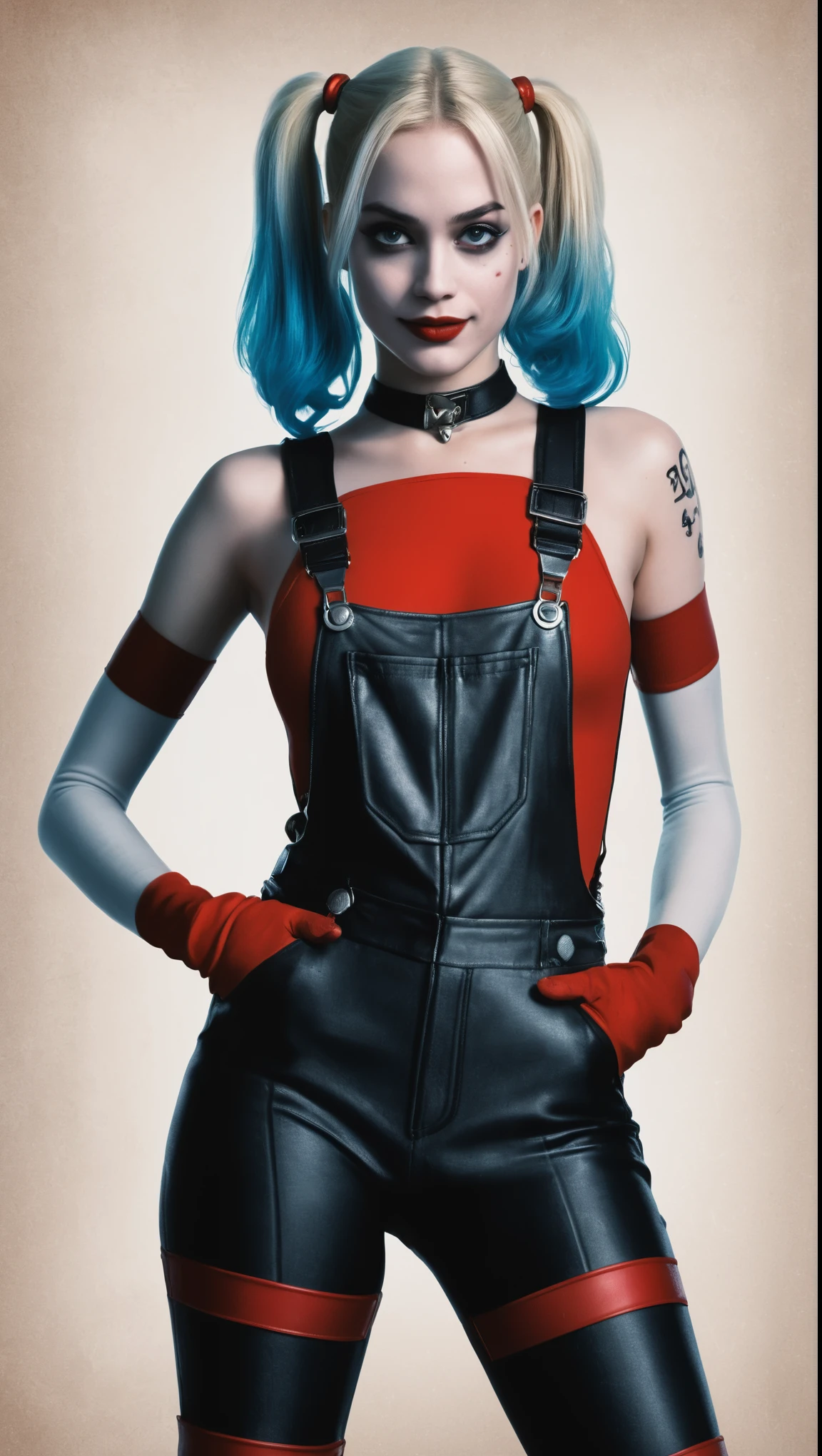 An illustrated movie poster of Harley Quinn, wearing a red and black overalls, hourglass figure, f /2.8, cinematic, high quality, skin texture, looking at the camera hard shadows, graphite shading, stencil marks, airbrushed acrylic paint, masterpiece