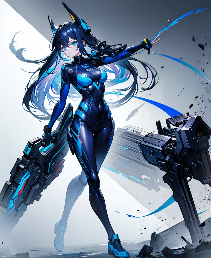 no background,girl,carry a firearm,Enamel-like tight suit,use of firearms,dark blue long hair,attention arousal,blue colored eyes,no gradation