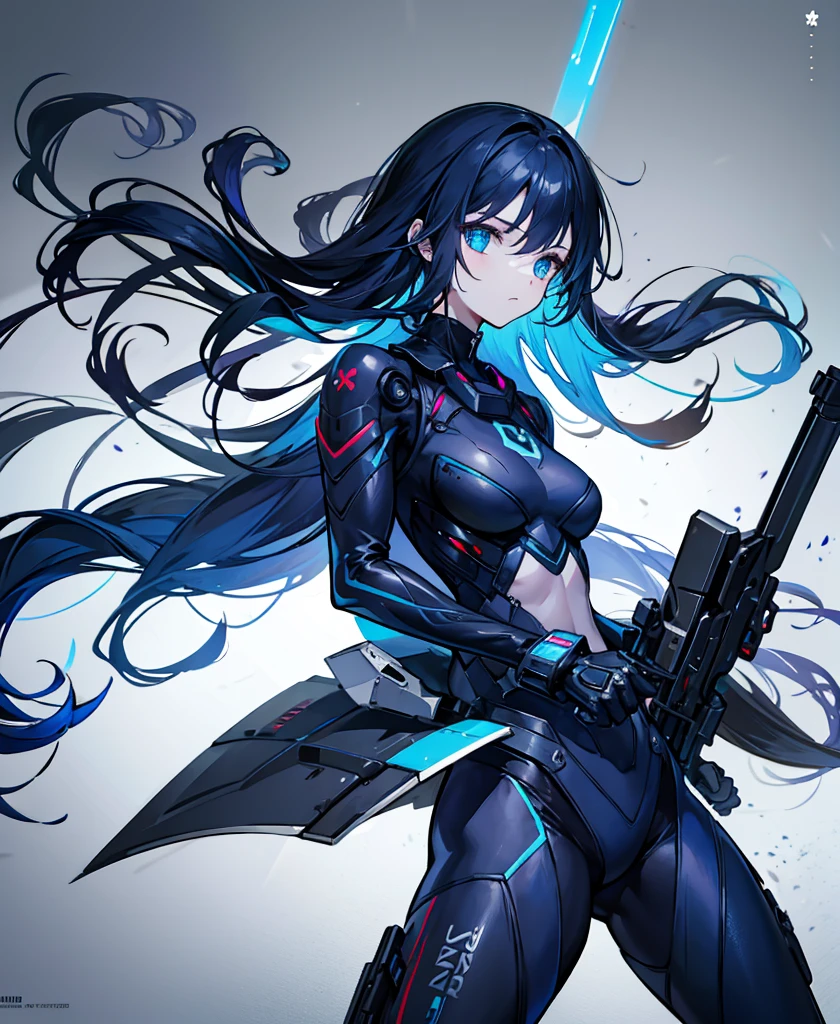 no background，girl，carry a firearm，Enamel-like tight suit，use of firearms，dark blue long hair，attention arousal，blue colored eyes,no gradation