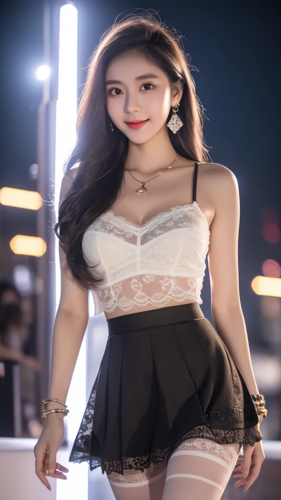 ((knee shot)), 8K, masterpiece, original photo, best quality, detail:1.2),lifelike, Extremely detailed CG unified 8K wallpapers, depth of field, movie lights, lens flare, Ray tracing, ((bare shoulders)), ((The skirt is short)), (extremely beautiful face, beautiful lips, beautiful eyes), intricate detail face, ((ultra detailed skin)) 1 girl, in the darkness, deep shadow, beautiful korean girl, korean trend idol,(Very slim figure:1.3), (bright smile), (City night, (neon lights), (night), white diamond earrings, diameter bracelet, Dia Necklace, black pantyhose, clear eyes, Walk , front Photo, facing forward, (big eyes), ((lace))