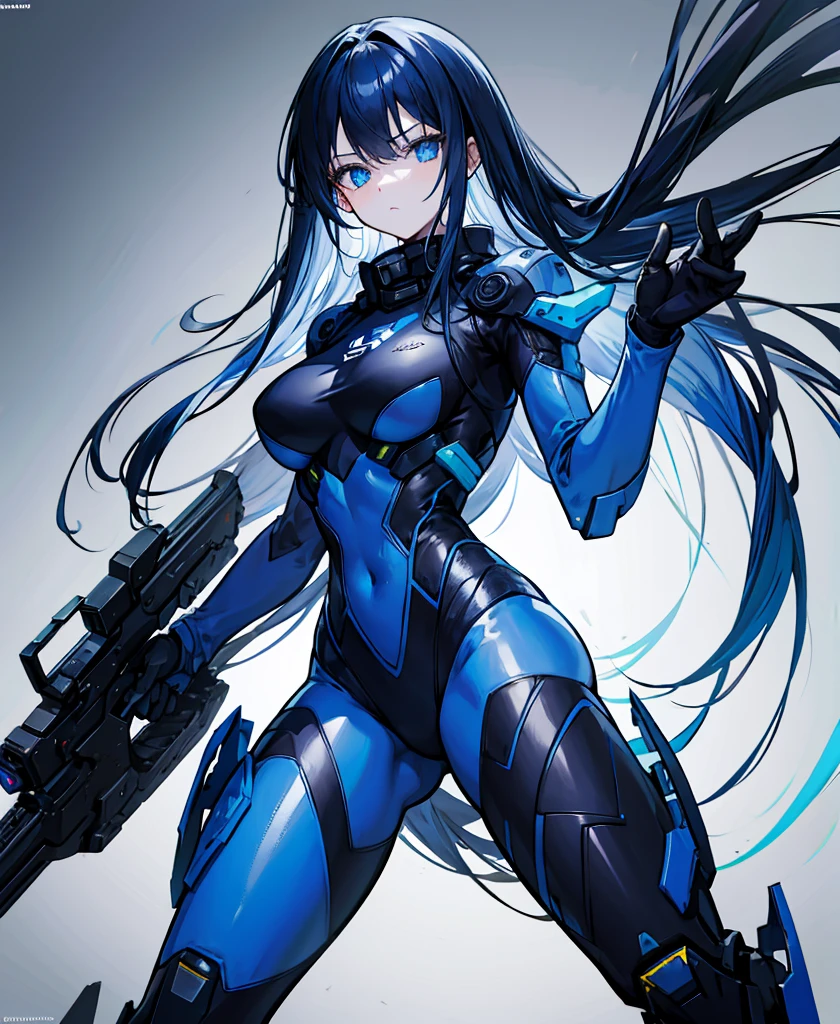 no background,girl,carry a firearm,Enamel-like tight suit,use of firearms,dark blue long hair,attention arousal,blue colored eyes,no gradation