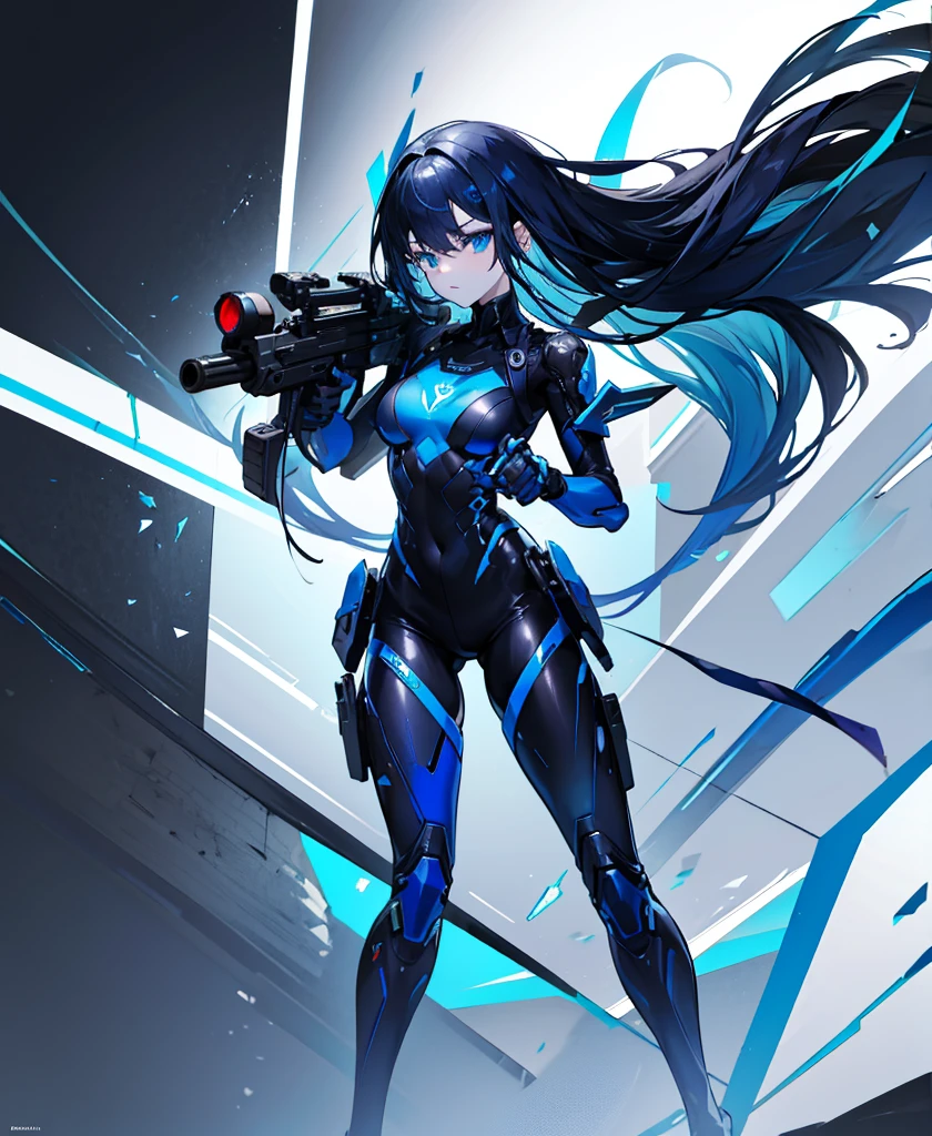 no background,girl,carry a firearm,Enamel-like tight suit,use of firearms,dark blue long hair,attention arousal,blue colored eyes,no gradation