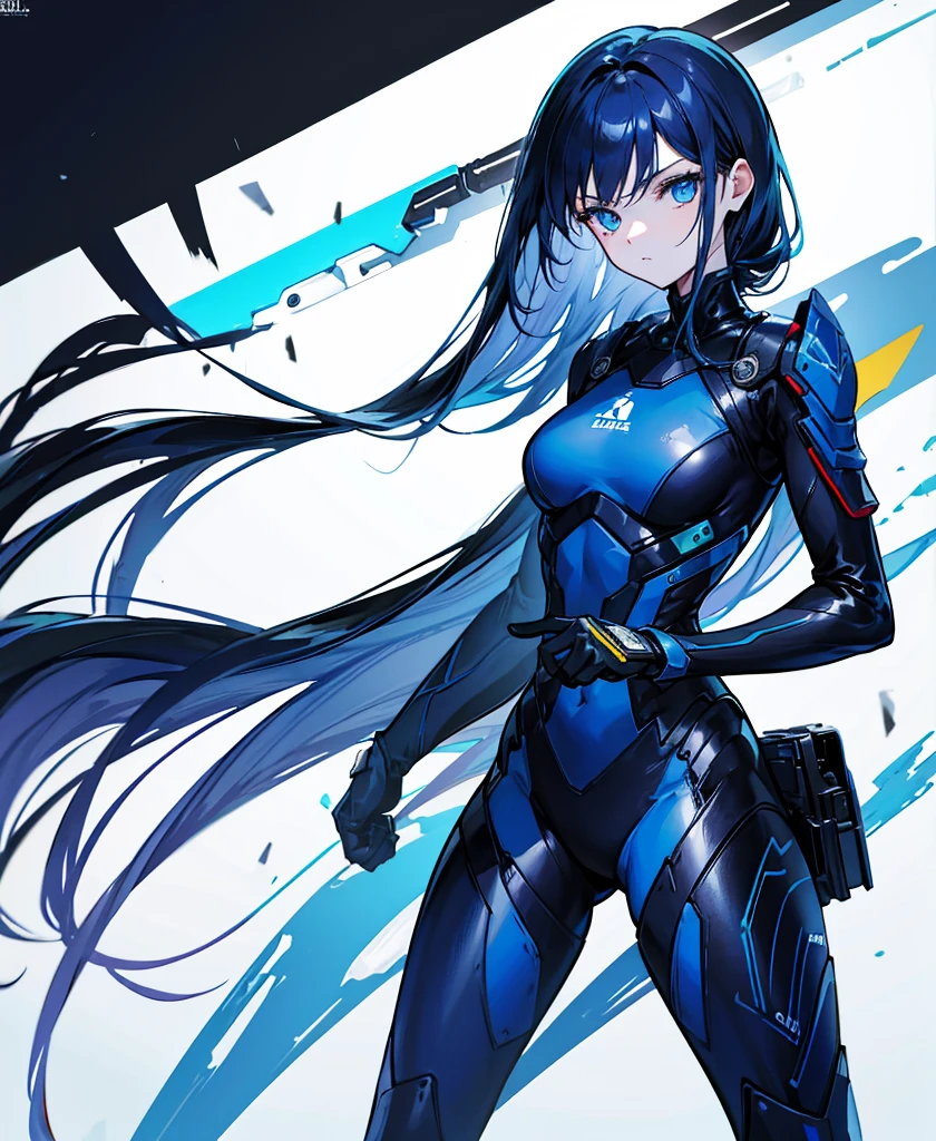 no background,girl,carry a firearm,Enamel-like tight suit,use of firearms,dark blue long hair,attention arousal,blue colored eyes,no gradation