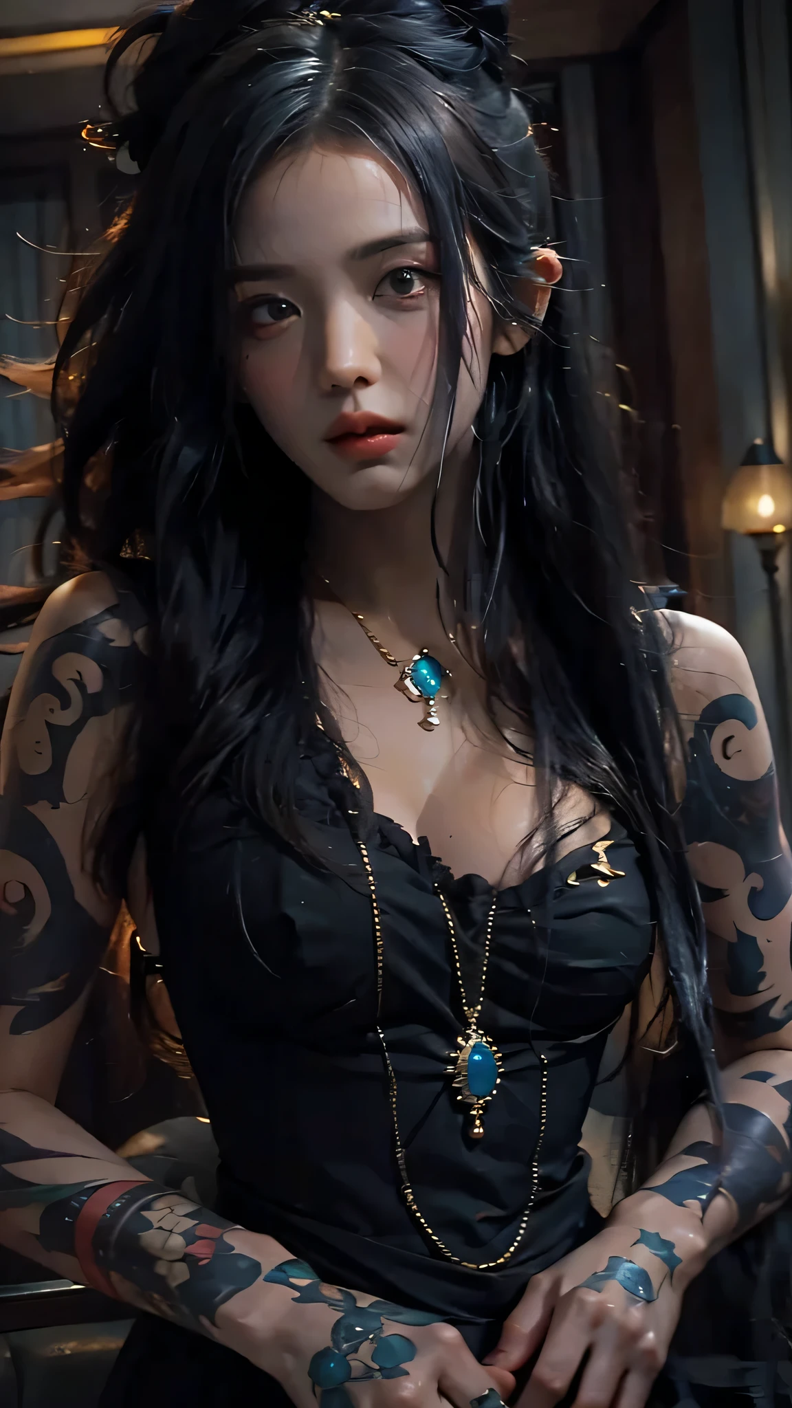 photorealistic, high resolution, soft light,1women, solo, hips up, (detailed face), jewelry, tattoo,black dress mafia clothing, black hair, super long hair, looking viewers, tatto, messy hair, close up, small breast, adult, seductive, boss, cool woman