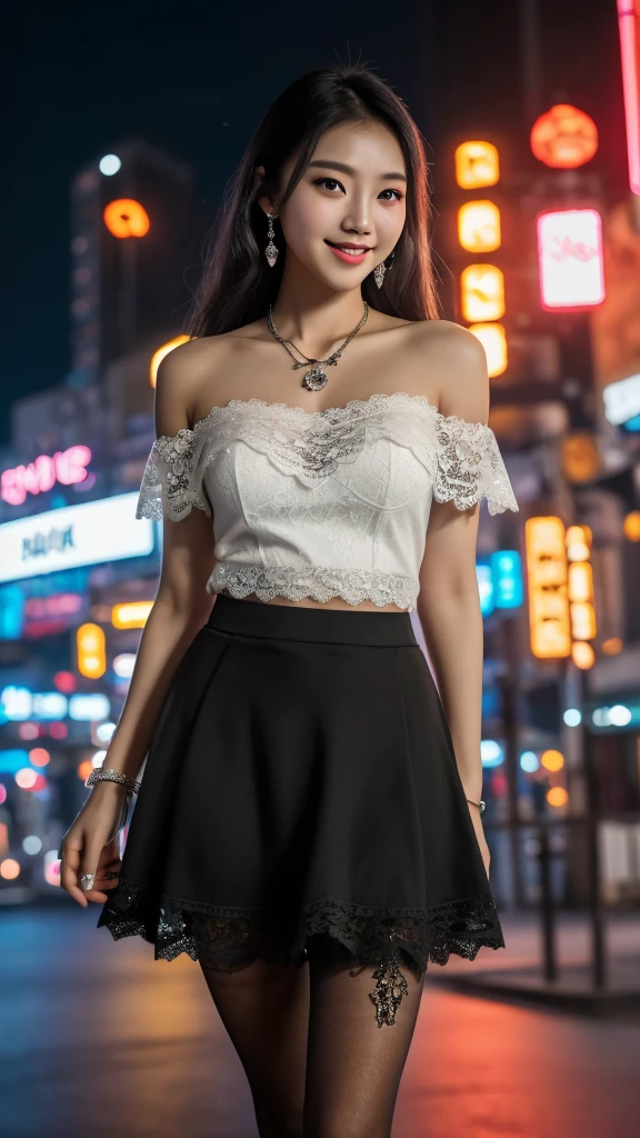 ((knee shot)), 8K, masterpiece, original photo, best quality, detail:1.2),lifelike, Extremely detailed CG unified 8K wallpapers, depth of field, movie lights, lens flare, Ray tracing, ((bare shoulders)), ((The skirt is short)), (extremely beautiful face, beautiful lips, beautiful eyes), intricate detail face, ((ultra detailed skin)) 1 girl, in the darkness, deep shadow, beautiful korean girl, korean trend idol,(Very slim figure:1.3), (bright smile), (City night, (neon lights), (night), white diamond earrings, diameter bracelet, Dia Necklace, black pantyhose, clear eyes, Walk , front Photo, facing forward, (big eyes), ((lace))