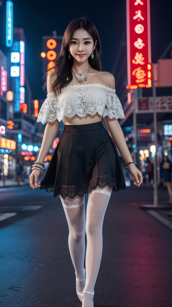 ((knee shot)), 8K, masterpiece, original photo, best quality, detail:1.2),lifelike, Extremely detailed CG unified 8K wallpapers, depth of field, movie lights, lens flare, Ray tracing, ((bare shoulders)), ((The skirt is short)), (extremely beautiful face, beautiful lips, beautiful eyes), intricate detail face, ((ultra detailed skin)) 1 girl, in the darkness, deep shadow, beautiful korean girl, korean trend idol,(Very slim figure:1.3), (bright smile), (City night, (neon lights), (night), white diamond earrings, diameter bracelet, Dia Necklace, black pantyhose, clear eyes, Walk , front Photo, facing forward, (big eyes), ((lace))