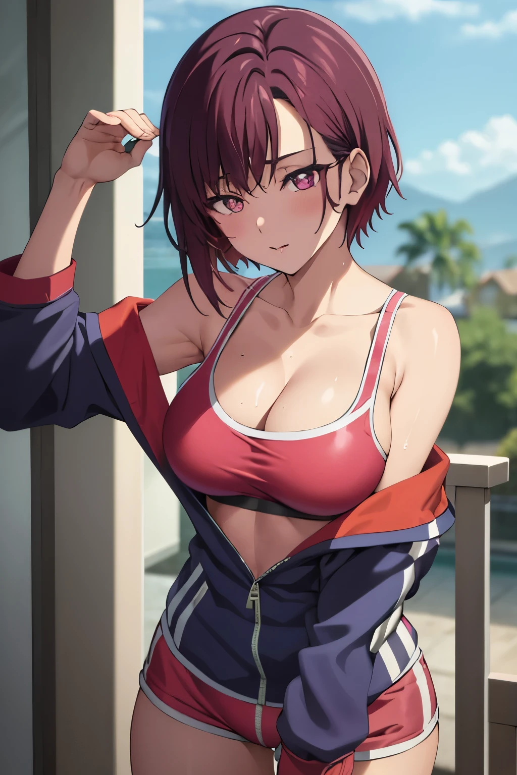 shizuka mikazuki, short hair, red hairpin, dark purple hair, purple eyes, pink sport bra, pink sport short, dark purple thighthigh, blue pink shoes, colorful jacket, outdoor high quality, best quality, ultra detailed, masterpiece, 1girl, young woman, big breast, sweat, tight fitting, voluptuous figure, sultry expression, teasing pose, suggestive clothing, toned body, tempting aura, radiant beauty, breath-taking scenery, mature female, erotic tension, hidden desires
