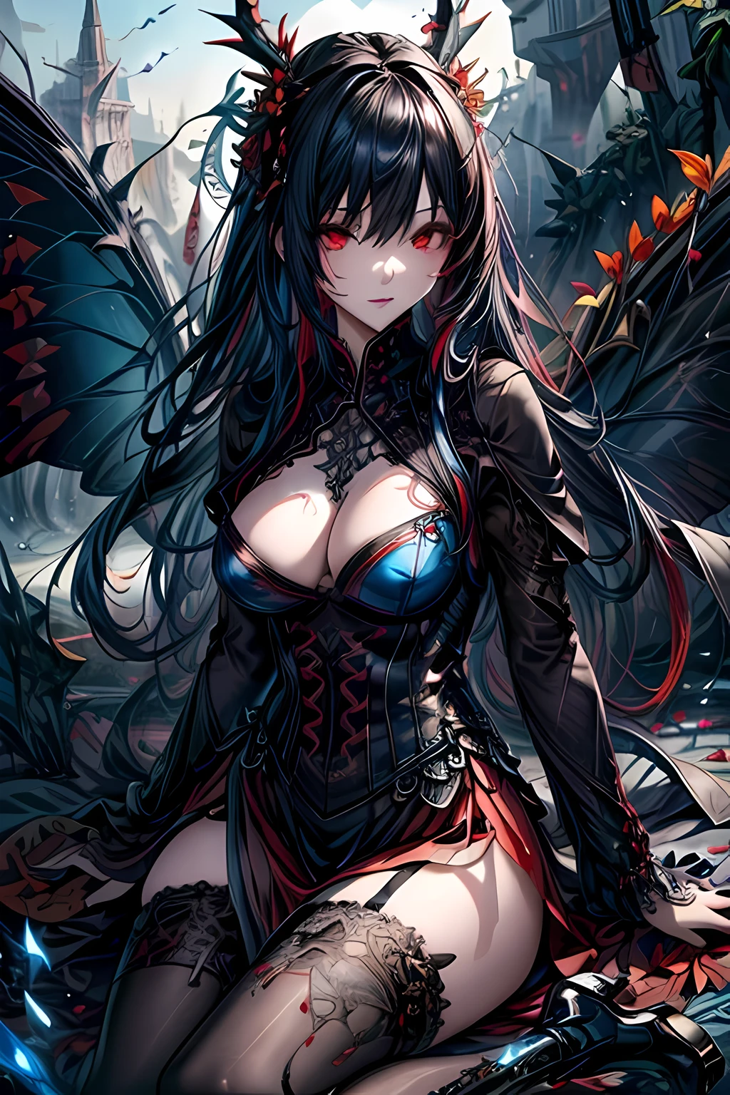 high details, best quality, 16k, RAW, [best detailed], masterpiece, best quality, (extremely detailed), full body, ultra wide shot, photorealistic, dark fantasy art, goth art, RPG art, D&D art, a picture of a dark female fairy resting in a flower meadow, extremely beautiful fairy, ultra feminine (intense details, Masterpiece, best quality), best detailed face (intense details, Masterpiece, best quality), having wide butterfly wings, spread butterfly wings (intense details, Masterpiece, best quality), dark colors wings (intense details, Masterpiece, best quality), (blue) hair, long hair, shinning hair, flowing hair, shy smile, innocent smile, (red: 1.3) eyes, dark red lips, wearing [red] dress latex corset (intense details, Masterpiece, best quality), dynamic elegant shirt, chocker, wearing high heels, in dark colored flower meadow (intense details, Masterpiece, best quality), (red flowers: 1.2) , (black flowers: 1.2), (white flowers: 1.2), (blue flowers: 1.3) [extreme many flowers] (intense details, Masterpiece, best quality), dark colorful flowers (intense details, Masterpiece, best quality), flower meadow in a dark goth field background, dim light, cinematic light, High Detail, Ultra High Quality, High Resolution, 16K Resolution, Ultra HD Pictures, 3D rendering Ultra Realistic, Clear Details, Realistic Detail, Ultra High Definition, DonMF41ryW1ng5XL