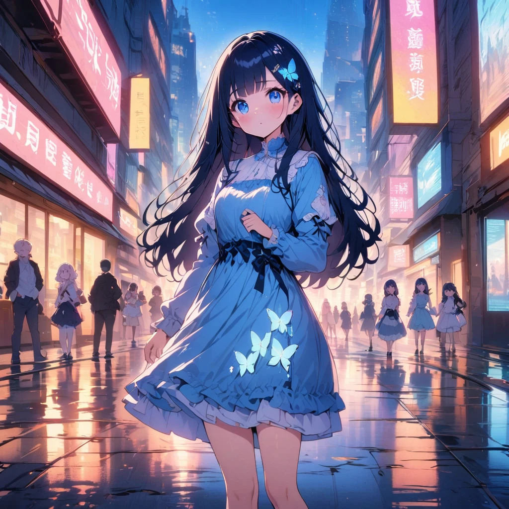 Anime ai is a short, cute and chubby who has long hair down to her bottom and doesn't tie it, her hair is dark blue, she wears a blue dress with a little white on her clothes, her clothes and skirt are bright, wearing a blue butterfly-shaped hair clip, is in the city on a beautiful evening