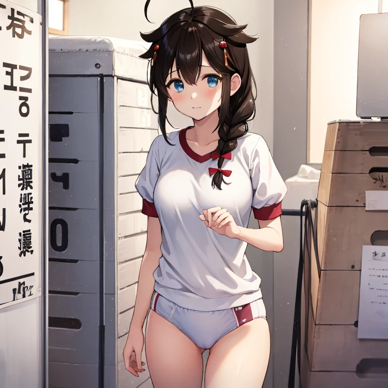 gym storeroom, shigure, ahoge, brown hair, blue eyes, braid, hair ornament, hair over shoulder, long hair, single braid, hair flaps, (masterpiece, best quality:1.2), illustration,8k,hd,long hair, single braid, clenched fist、white panties、white gym uniform