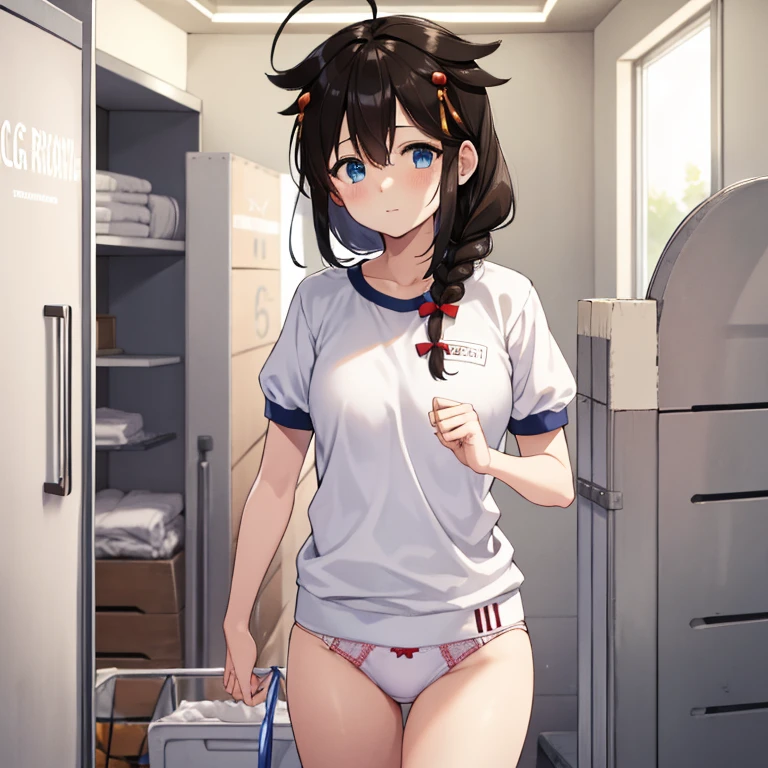 gym storeroom, shigure, ahoge, brown hair, blue eyes, braid, hair ornament, hair over shoulder, long hair, single braid, hair flaps, (masterpiece, best quality:1.2), illustration,8k,hd,long hair, single braid, clenched fist、white panties、white gym uniform