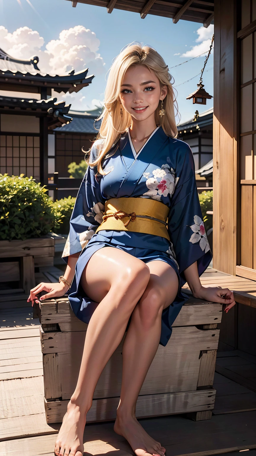 ((最high quality, 8K, masterpiece: 1.3, Ultra HD, high quality, 最high quality, High resolution, realism)) 、A 22-year-old extremely beautiful white woman、Her hair color is platinum blonde、blue eyeedium hair、straight hair、The hair is shiny、The skin is lustrous、smile、Slender but well-proportioned, slim and muscular body、Athlete-like body type、I don&#39;t want my head to disappear from the screen.、Wearing accessories on the wrist、Wearing red nail polish、I have a peticure、Sitting on the veranda of a Japanese house in the Japanese countryside、It&#39;s summer、A wind chime is hung in front of the eaves.、barefoot、There is a basket full of tomatoes and carrots on the veranda.、The basket is made of woven bamboo strips、A courtyard spreads out in front of the verandah.、There is a well with a hand pump in the courtyard.、wear a yukata、The blue sky is beautiful、Cumulus clouds appear、summer sunshine、anatomically correct((anatomically correct))、Ultra high definition((UHD))、textured skin((textured skin))、very detailed((super detail))、high detail((high details))、smile((smile))