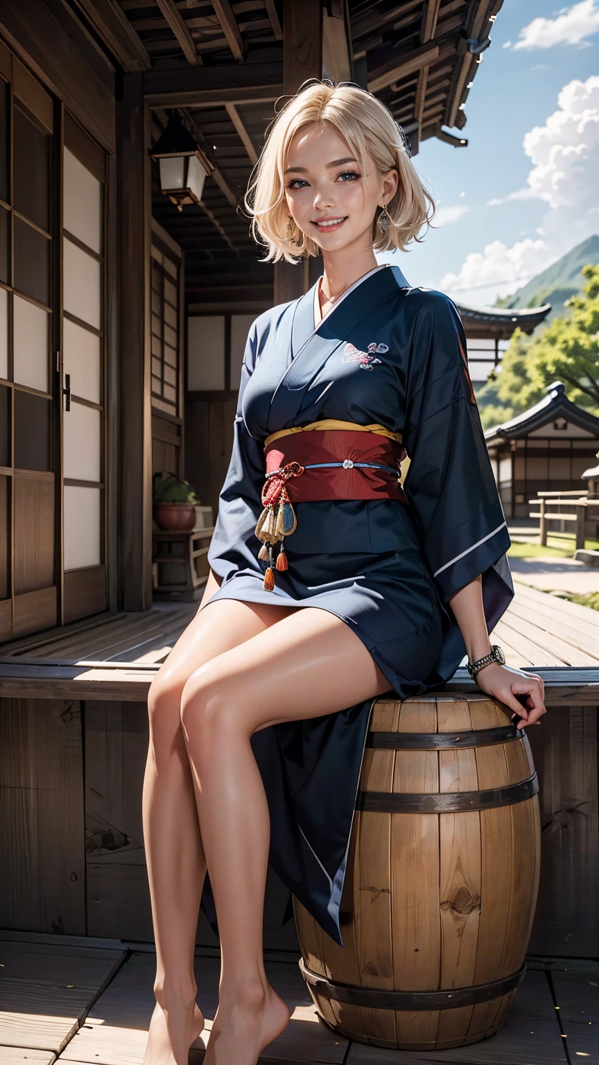 ((最high quality, 8K, masterpiece: 1.3, Ultra HD, high quality, 最high quality, High resolution, realism)) 、A 22-year-old extremely beautiful white woman、Her hair color is platinum blonde、blue eyeedium hair、straight hair、The hair is shiny、The skin is lustrous、smile、Slender but well-proportioned, slim and muscular body、Athlete-like body type、I don&#39;t want my head to disappear from the screen.、Wearing accessories on the wrist、Wearing red nail polish、I have a peticure、Sitting on the veranda of a Japanese house in the Japanese countryside、It&#39;s summer、A wind chime is hung in front of the eaves.、barefoot、There is a basket full of tomatoes and carrots on the veranda.、The basket is made of woven bamboo strips、A courtyard spreads out in front of the verandah.、There is a well with a hand pump in the courtyard.、wear a yukata、The blue sky is beautiful、Cumulus clouds appear、summer sunshine、anatomically correct((anatomically correct))、Ultra high definition((UHD))、textured skin((textured skin))、very detailed((super detail))、high detail((high details))、smile((smile))