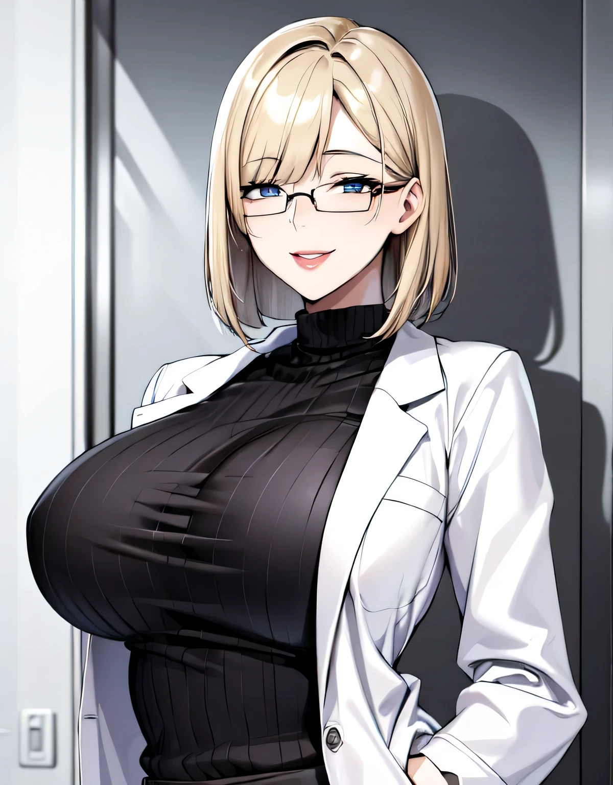 (large breasts:1.5),(shiny hair),((solo)),((masterpiece)),((best quality)),perfect anatomy,slim waist,perfect image,8k UHD,(beautiful detailed eyes:1.5),extremely detailed face,standing,(upper body:1.3),(look at the front:1.5),arms behindback,ultra-detailed,absurdres,highres,indoor,hospital,in a small clinic,blonde hair,((blunt bangs)),erotic lips,((sensitive smile)),white lab coat,Woman doctor,sexy mature women,30 years-old,black ribbed sweater,glasses,hands in pockets,long hair,mature female,