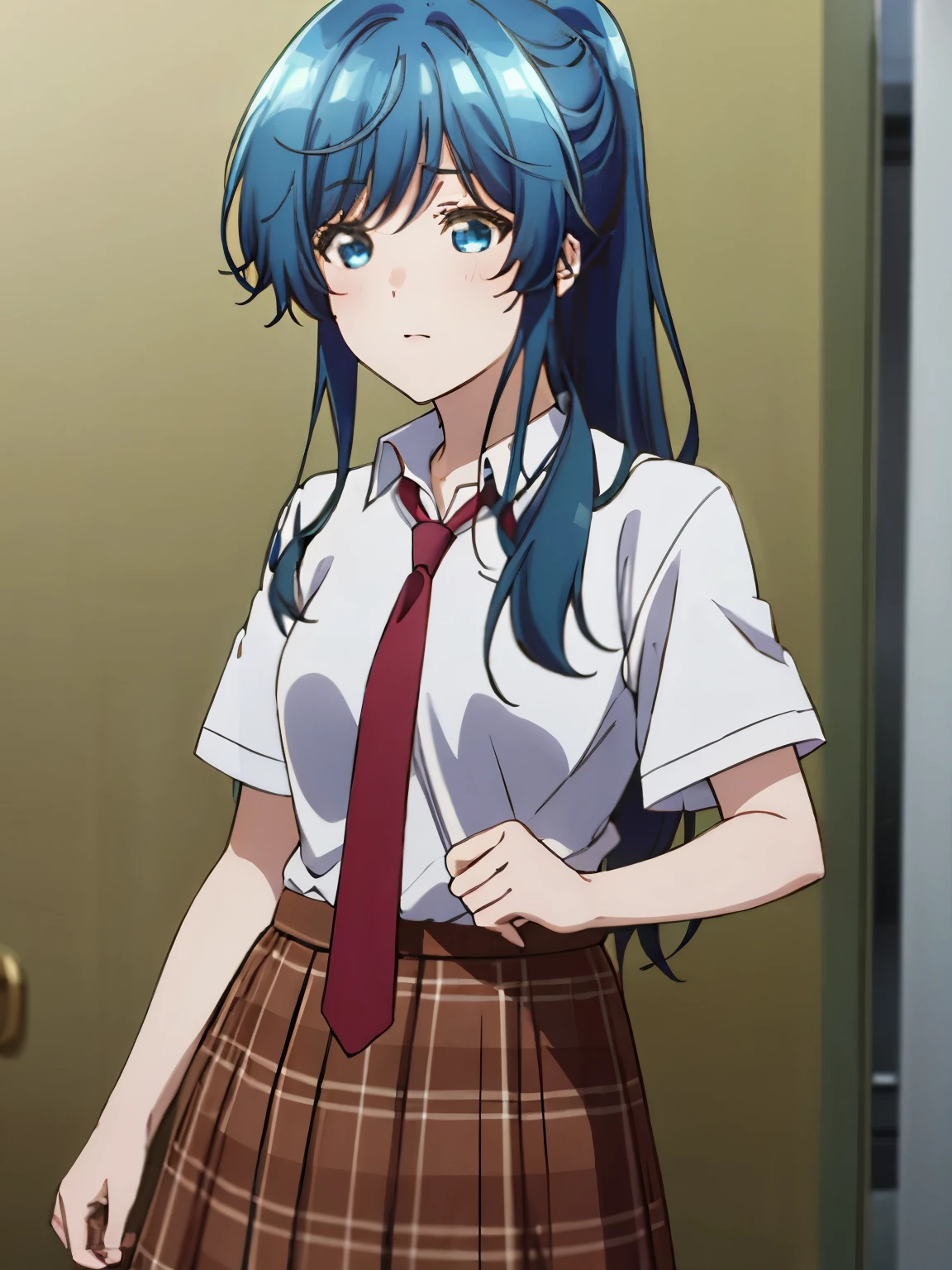 ((high quality)),((masterpiece)),((4k)),one girl,minami nanami, long hair, blue eyes, blue hair, ponytail, sidelocks,skirt, shirt, , white shirt, short sleeves, necktie, plaid, plaid skirt, red necktie, brown skirt,