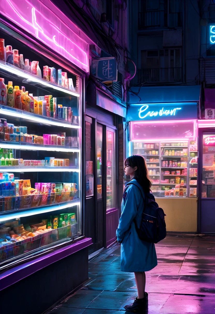 1girl, midnight convenience store, aesthetic, vibrant city lights, dimly lit shelves full of snacks and drinks, a cashier with tired eyes, fluorescent lighting casting a soft glow, late-night customers browsing the aisles, flickering neon signs outside the store, a sense of mystery and solitude, a hazy atmosphere with a touch of nostalgia, cinematic and atmospheric, high-res details capturing the smallest nuances, a combination of realism and dream-like quality, urban aesthetic blending with a hint of surrealism, cool blue and purple tones, soft shadows and subtle highlights, an ambiance that evokes a sense of tranquility and possibility in the midst of the night.
