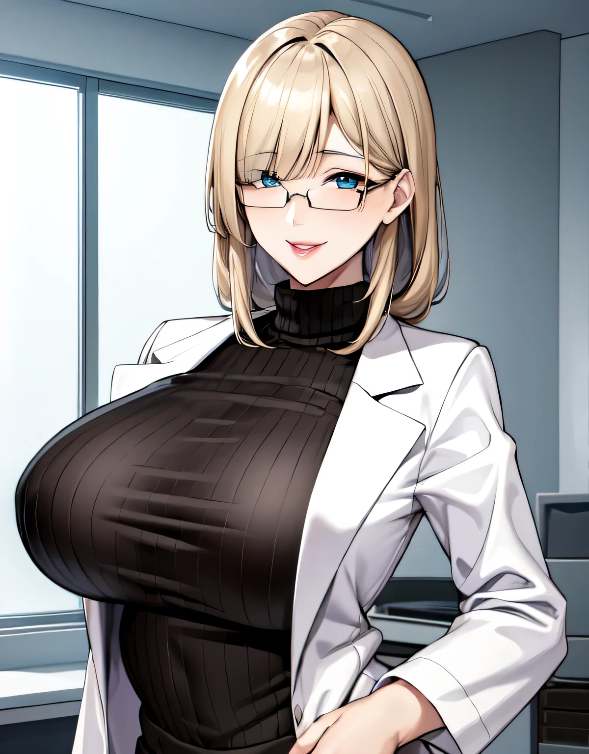 (large breasts:1.5),(shiny hair),((solo)),((masterpiece)),((best quality)),perfect anatomy,slim waist,perfect image,8k UHD,(beautiful detailed eyes:1.5),extremely detailed face,standing,(upper body:1.3),(look at the front:1.5),arms behindback,ultra-detailed,absurdres,highres,indoor,hospital,in a small clinic,blonde hair,((blunt bangs)),erotic lips,((sensitive smile)),white lab coat,Woman doctor,sexy mature women,30 years-old,black ribbed sweater,glasses,hands in pockets,long hair,mature female,