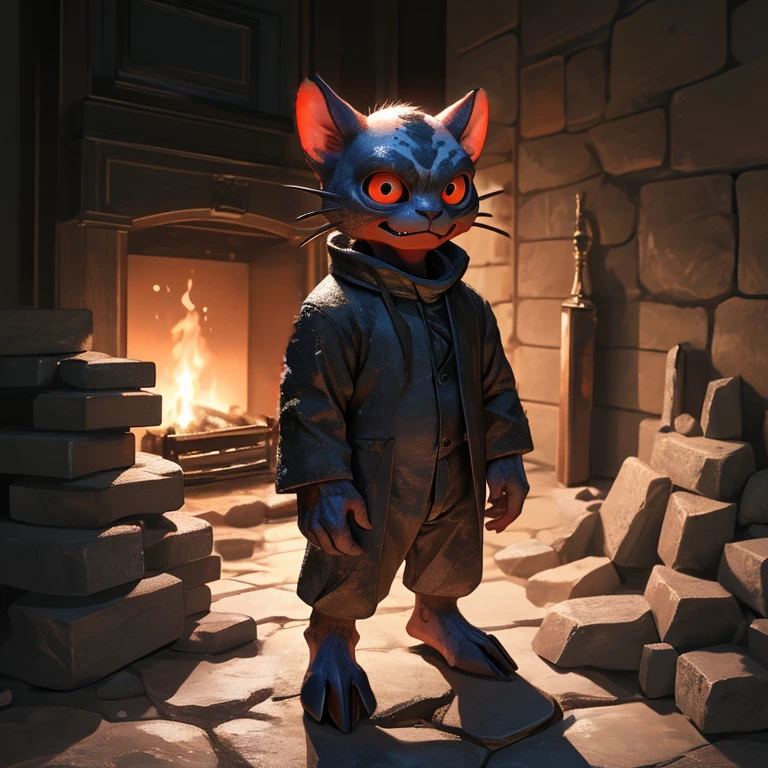 red skin, larger eyes, less cat like