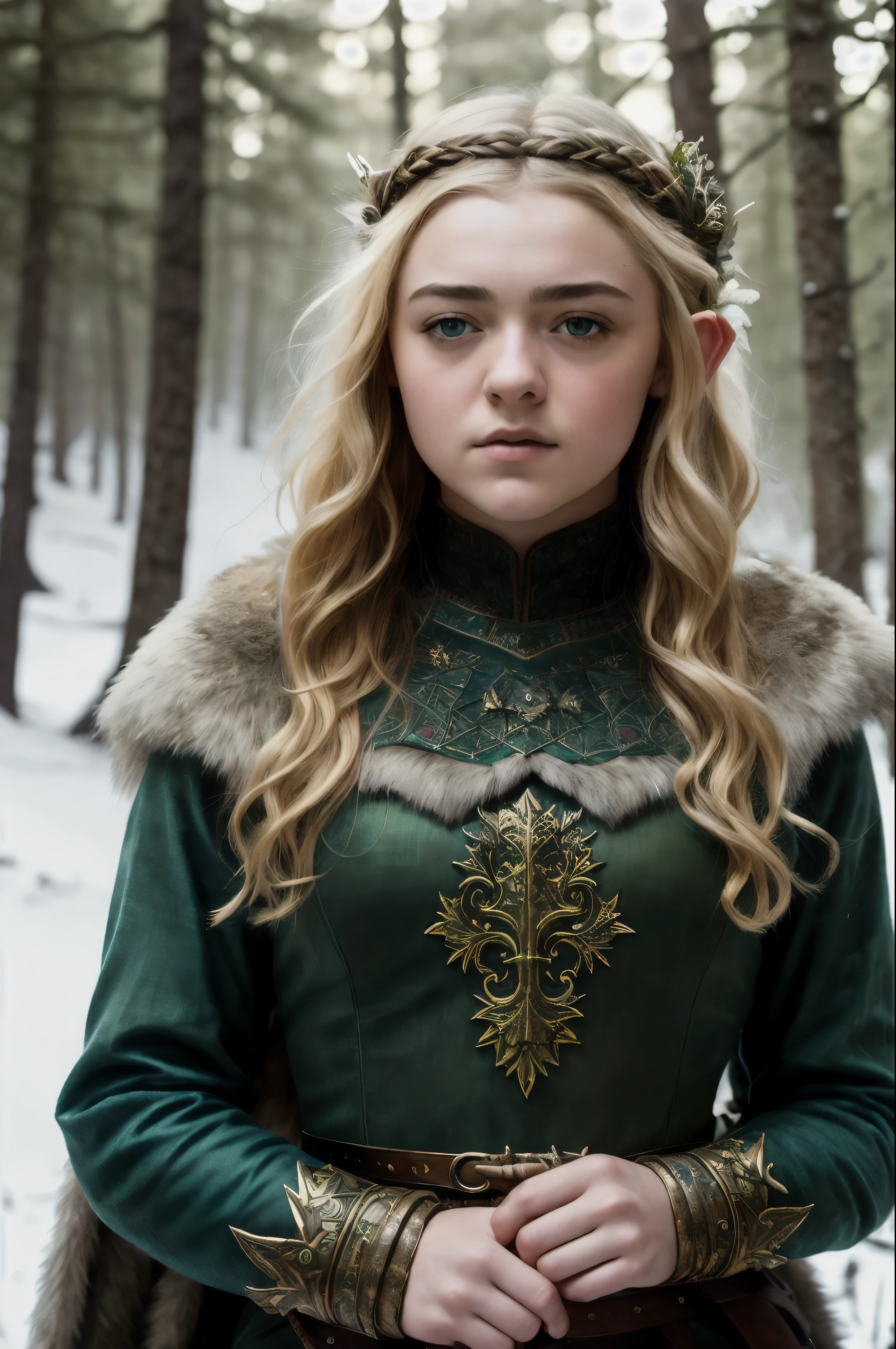 portrait painting of 1girl, Epic Character face mix of Maisie Williams and Elle Fanning, elf, blonde hair, blue eyes, green dress, Upper body focus, Nordic goddess, intricate, cinematic lighting, styled hair, fantasy movie, genre fantasy, artistic cinematography, premium quality fantasy movie color grading, upper body shot, detailed skin, fantasy, snowy nordic forest, modelshoot style, (extremely detailed CG), photo of beautiful artwork, (Antonio Moro), (Jeremy Mann), High Detail, Sharp focus, dramatic, oil painting, realistic  