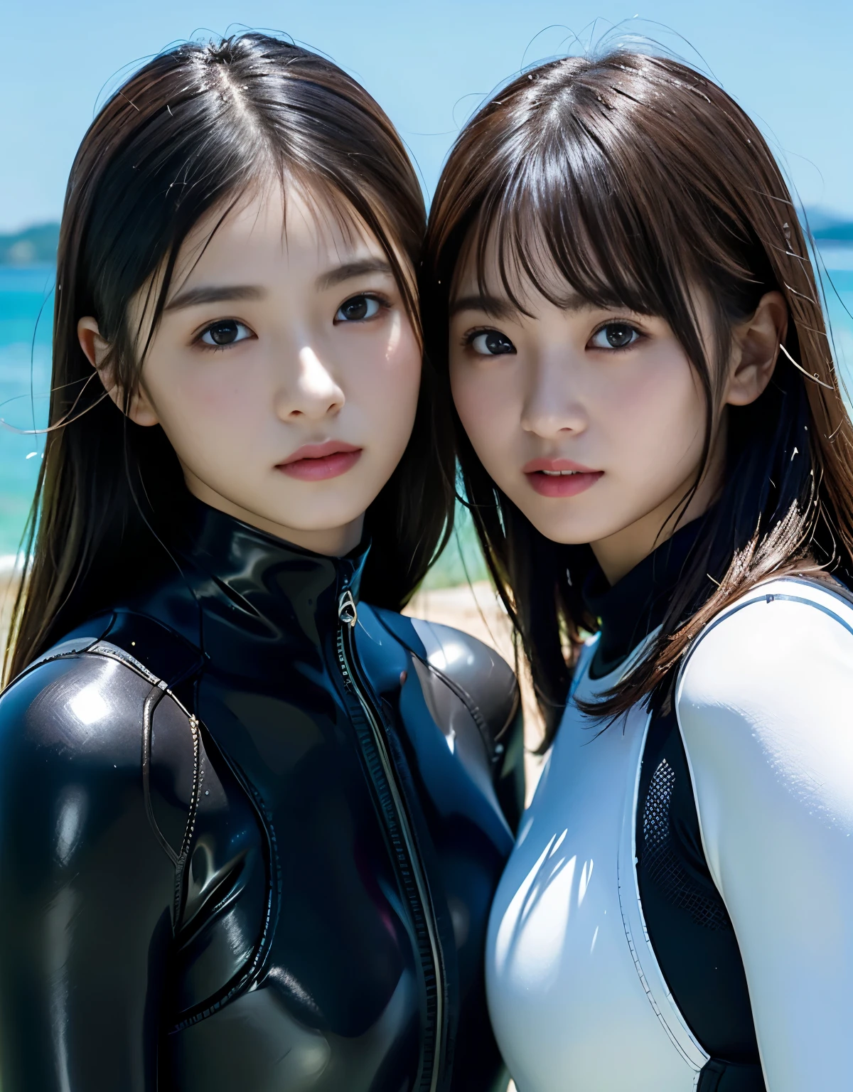 (1 Girl)、highest quality、masterpiece、超A high resolution、(Photoreal:1.4)、Raw photo、1 girl、wet hair、Sweat、(Wearing a rubber wetsuit)、Female Divers、long sleeve、gloves、Portrait、Shadow、octane rendering、8K、super sharp、Metal、intricate decorative details、Lake Details、very intricate details、realistic light、(mysterious look)、shining eyes、towards the camera、Small LED、Close-up